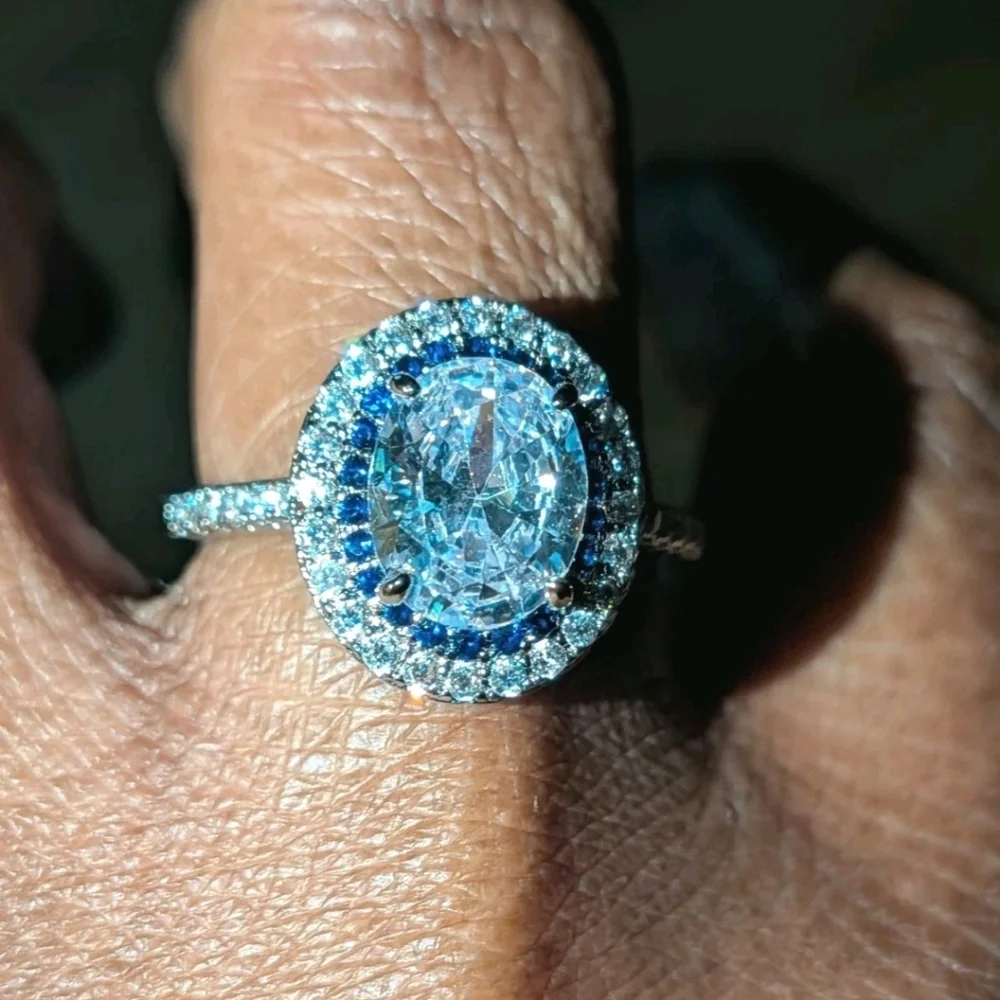 3Ct 925 Silver Oval Cut Blue Halo White Diamond Simulated Engagement Ring  Sz 10
